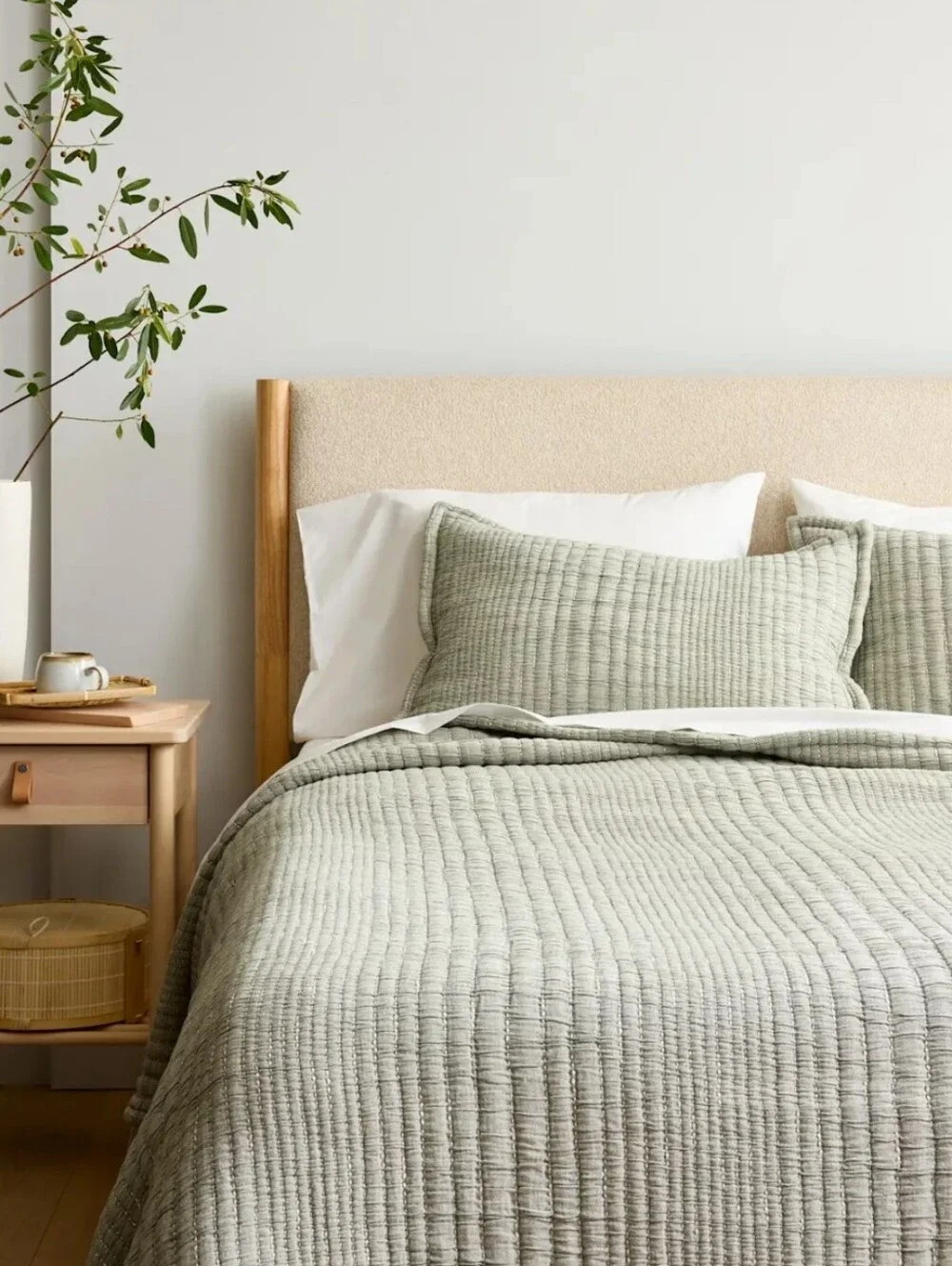 NWOT Quince Organic Cotton Channel Stitch King Coverlet Set - Sage Green